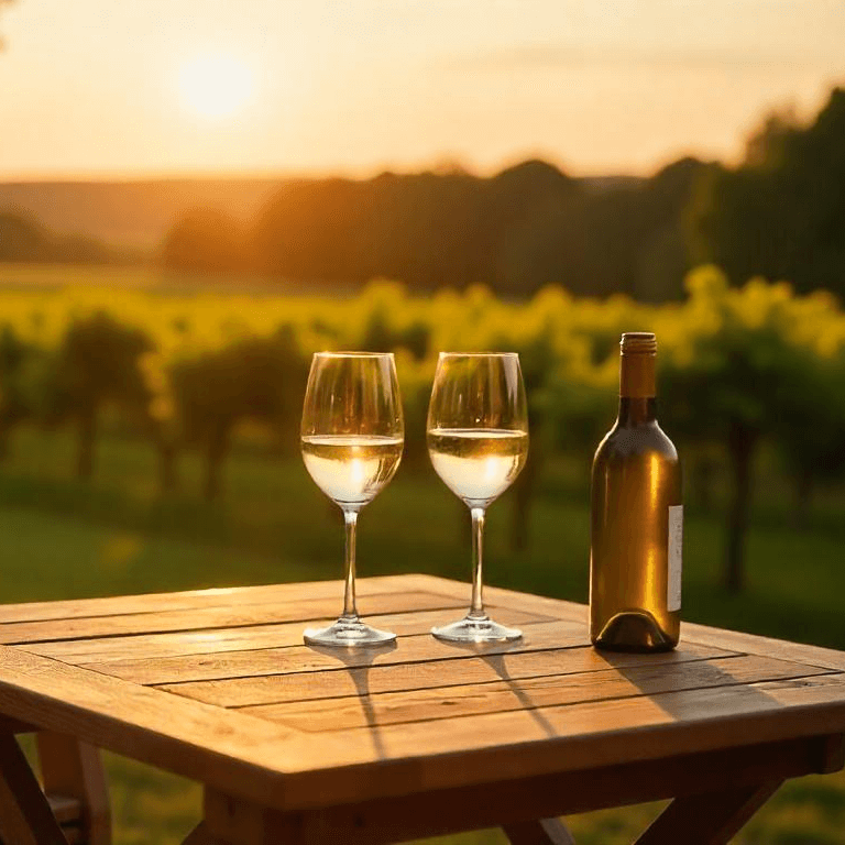 Deux verres de vin blanc sur une table en bois face aux vignes au coucher du soleil.