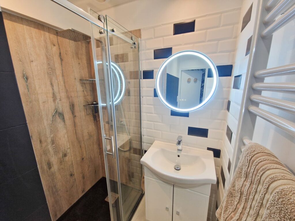 Salle de bain avec lavabo et douche